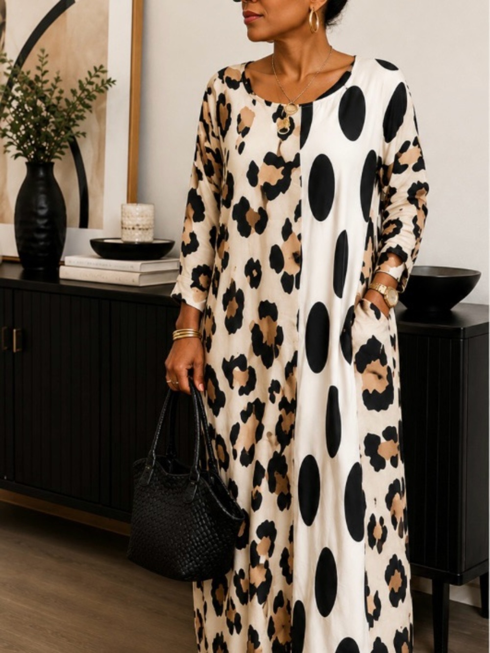 Women's Neutral Leopard & Dot Print Blouse - Beige/Black